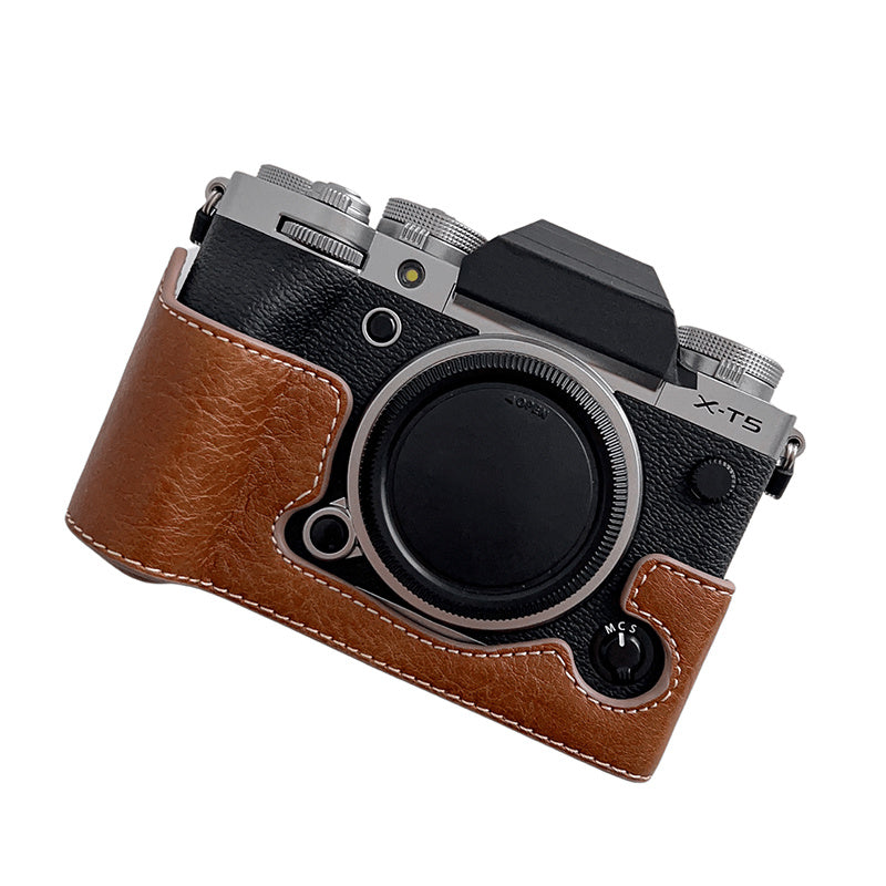 For Fujifilm X-T5 Buffalo Texture PU Leather Camera Bottom Case Flannel Lining Half Body Protective Cover with Battery Opening For Fujifilm X-T5 Buffalo Texture PU Leather Camera Bottom Case Flannel Lining Half Body Protective Cover with Battery Opening